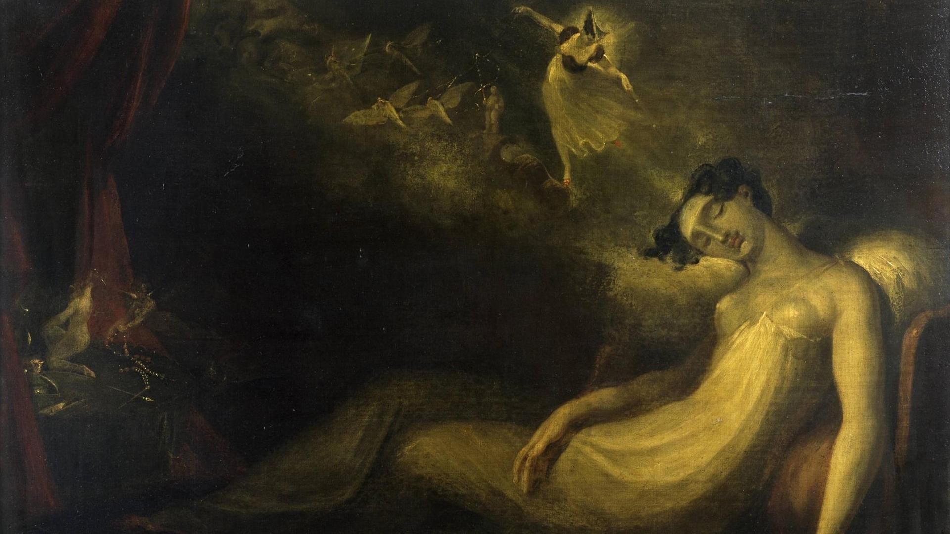 Das Bild "Queen Mab" von Johann Heinrich Füssli (1814) zeigt eine Schlafende umschwebt von Tänzerinnen.