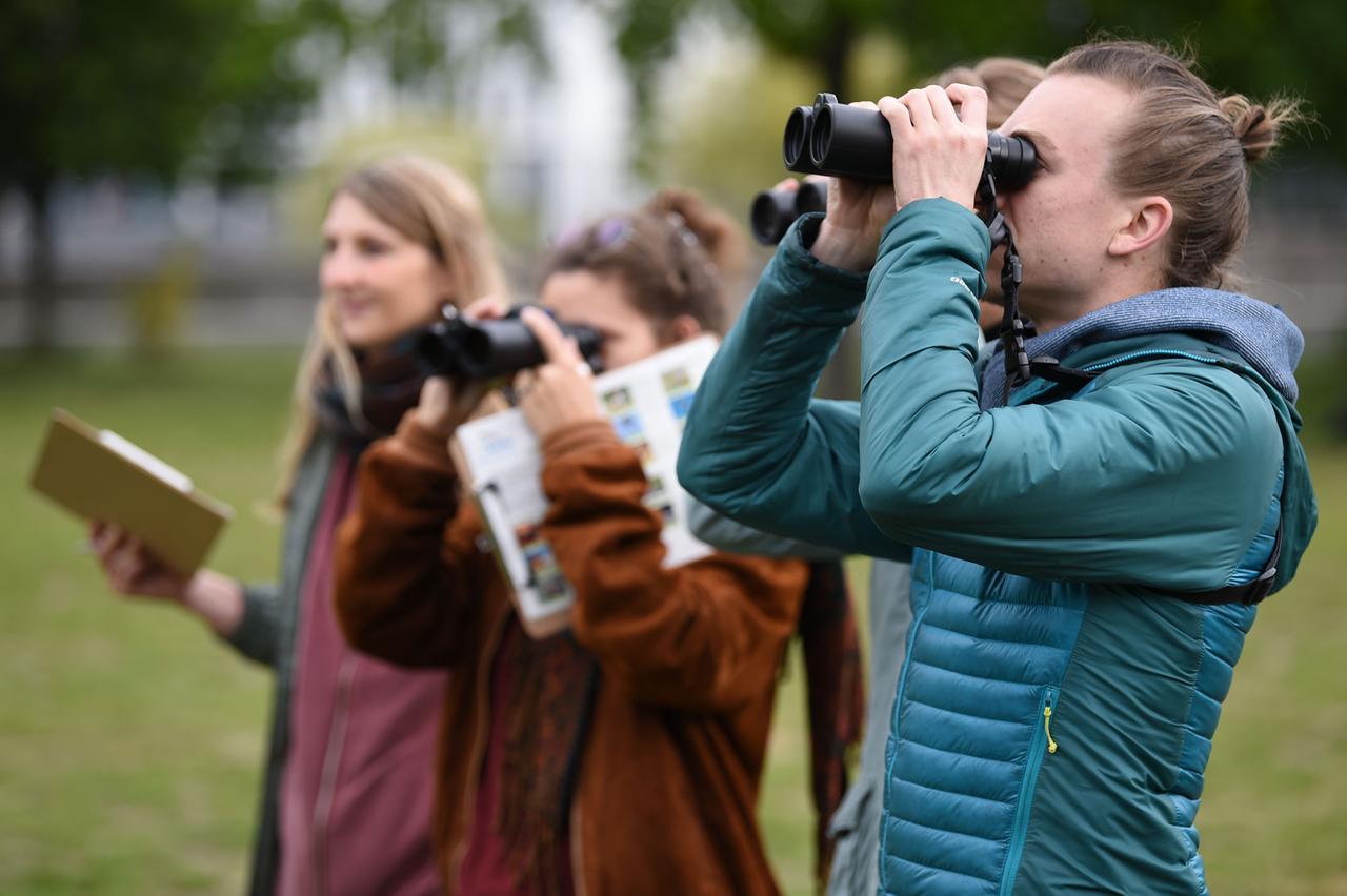 Das Foto zeigt  Mitarbeiter des Naturschutzbundes Deutschland, die Vögel im Spreebogenpark in Berlin beobachten.