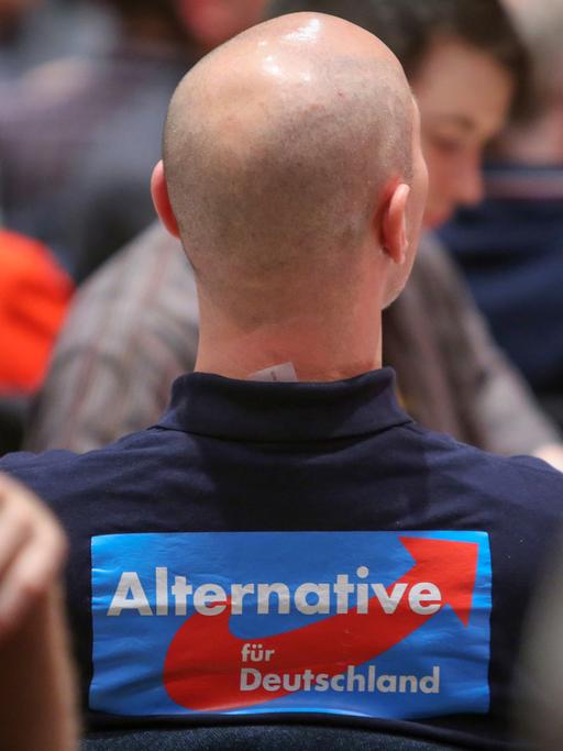 Ein Mitglied der Partei AfD (Alternative für Deutschland) nimmt in Mainz an einer Wahlkampfveranstaltung seiner Partei teil.