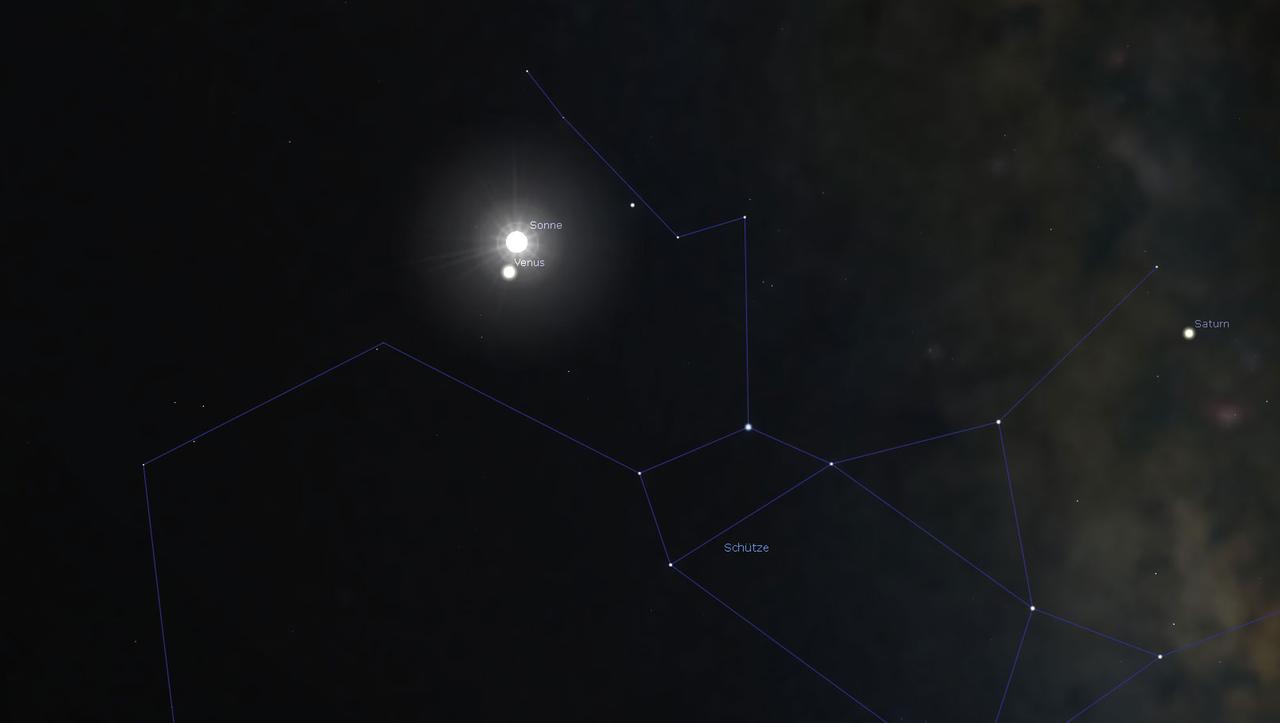 Morgen steht die Venus knapp unterhalb der Sonne – unbeobachtbar am Tageshimmel (Stellarium)