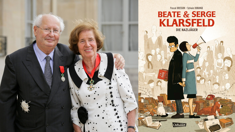 Das Ehepaar Beate und Serge Klarsfeld und das Buchcover zu „Beate und Serge Klarsfeld: Die Nazijäger“