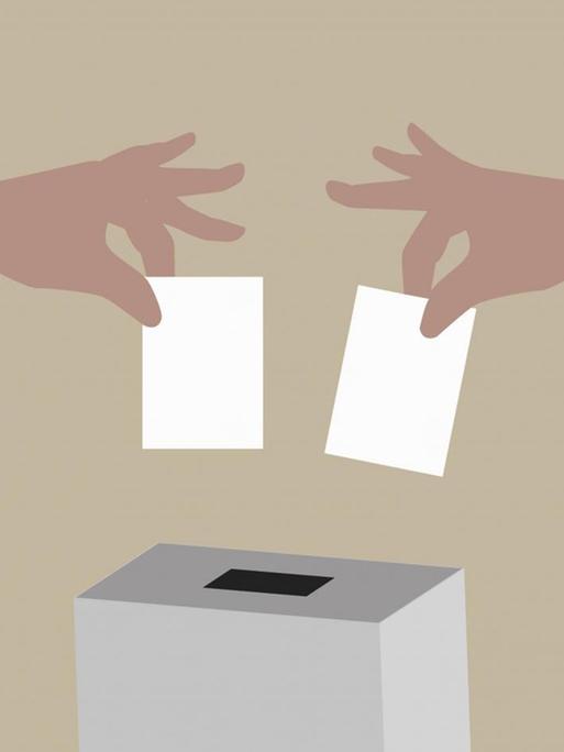 Illustration: Ein roter und blauer Arm stecken gleichzeitig Stimmzettel in eine Wahlurne.