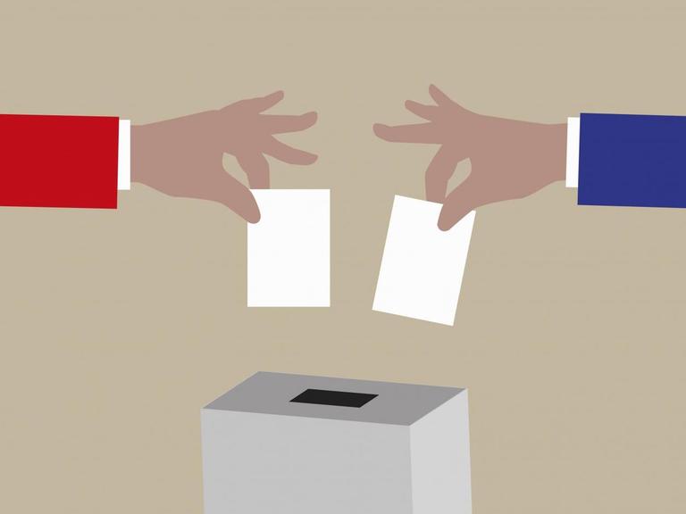Illustration: Ein roter und blauer Arm stecken gleichzeitig Stimmzettel in eine Wahlurne.