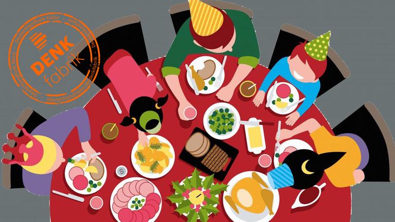 Illustration: Draufsicht einer Familie beim Essen.