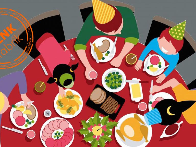 Illustration: Draufsicht einer Familie beim Essen.