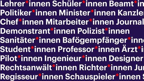 Vor lilafarbenem Hintergrund sidn Wörter wie Lehrer*innen, Schüler*innen etc aufgelistet, versehen mit einem Sternchen.