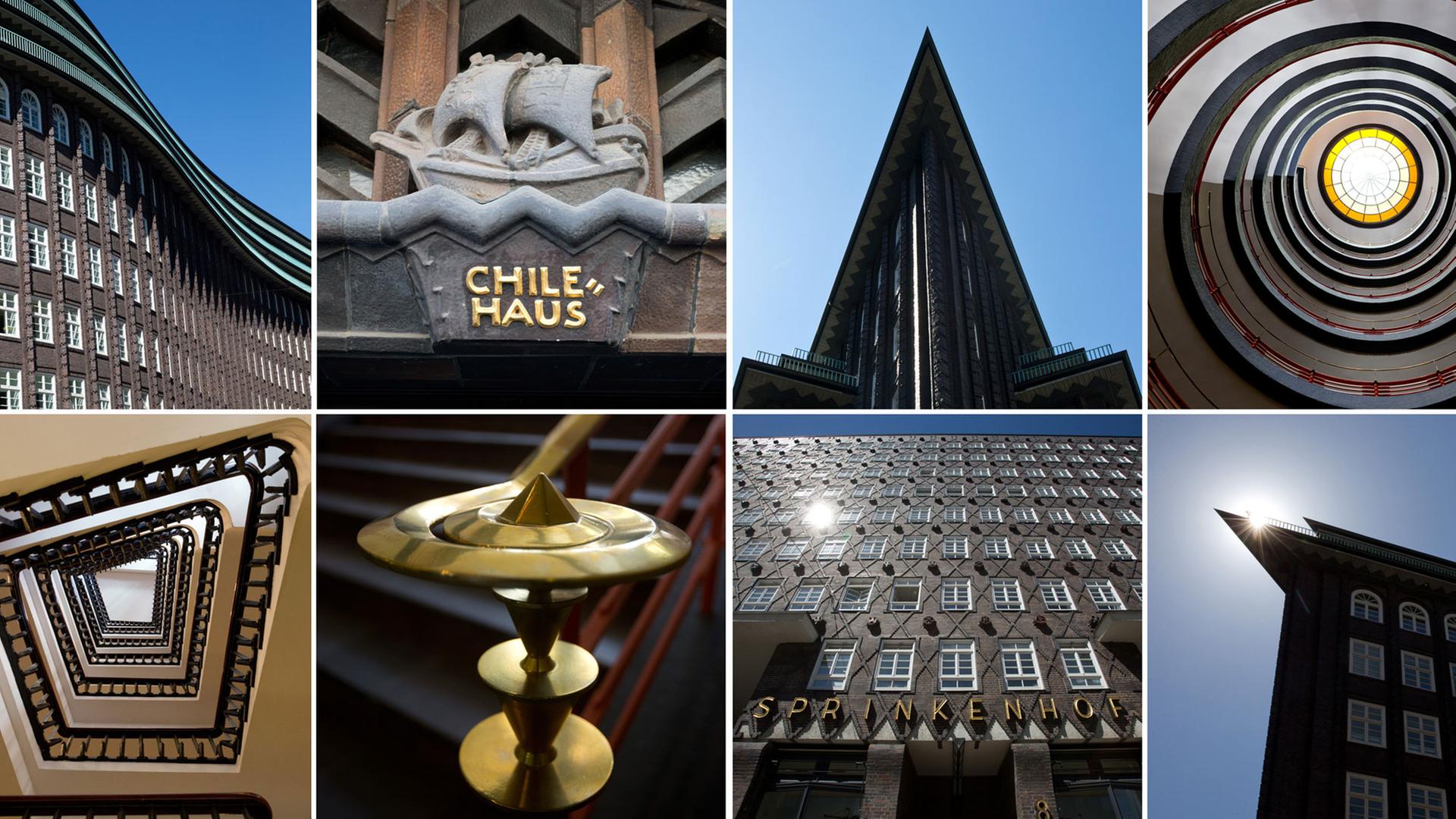 Details und Ansichten von den Gebäuden "Chilehaus" und "Sprinkenhof" im Kontorhausviertel in Hamburg, aufgenommen am 01.07.2015. Das Kontorhausviertel und die Speicherstadt wurden zum Weltkulturerbe ernannt.