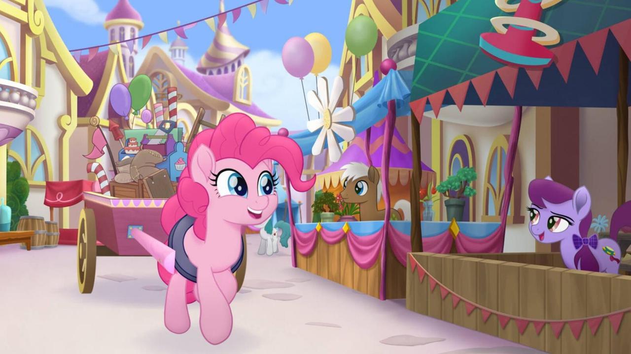 Ein animiertes buntes Pony geht durch eine Traumkinderwelt.
