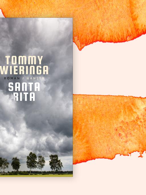 Das Cover von Tommy Wieringas Buch "Santa Rita" zeigt einen dunkel-bewölkten Himmel über Feldern und einzel stehenden Bäumen. Es ist auf einem orangenen Aquarell-Hintergrund abgebildet.