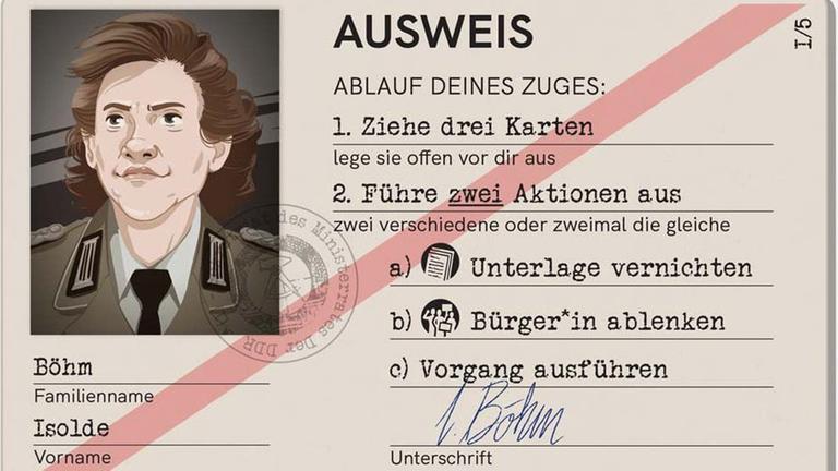 Illustration eines Stasi-Ausweises für das Kartenspiel »Stasi raus, es ist aus!«.