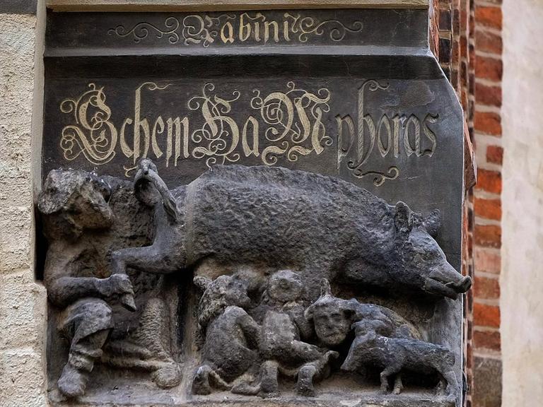 Mittelalterliche Judensau , ein Schmäh- und Spottbild auf die Juden, an der Stadtkirche St. Marien in der Lutherstadt Wittenberg.