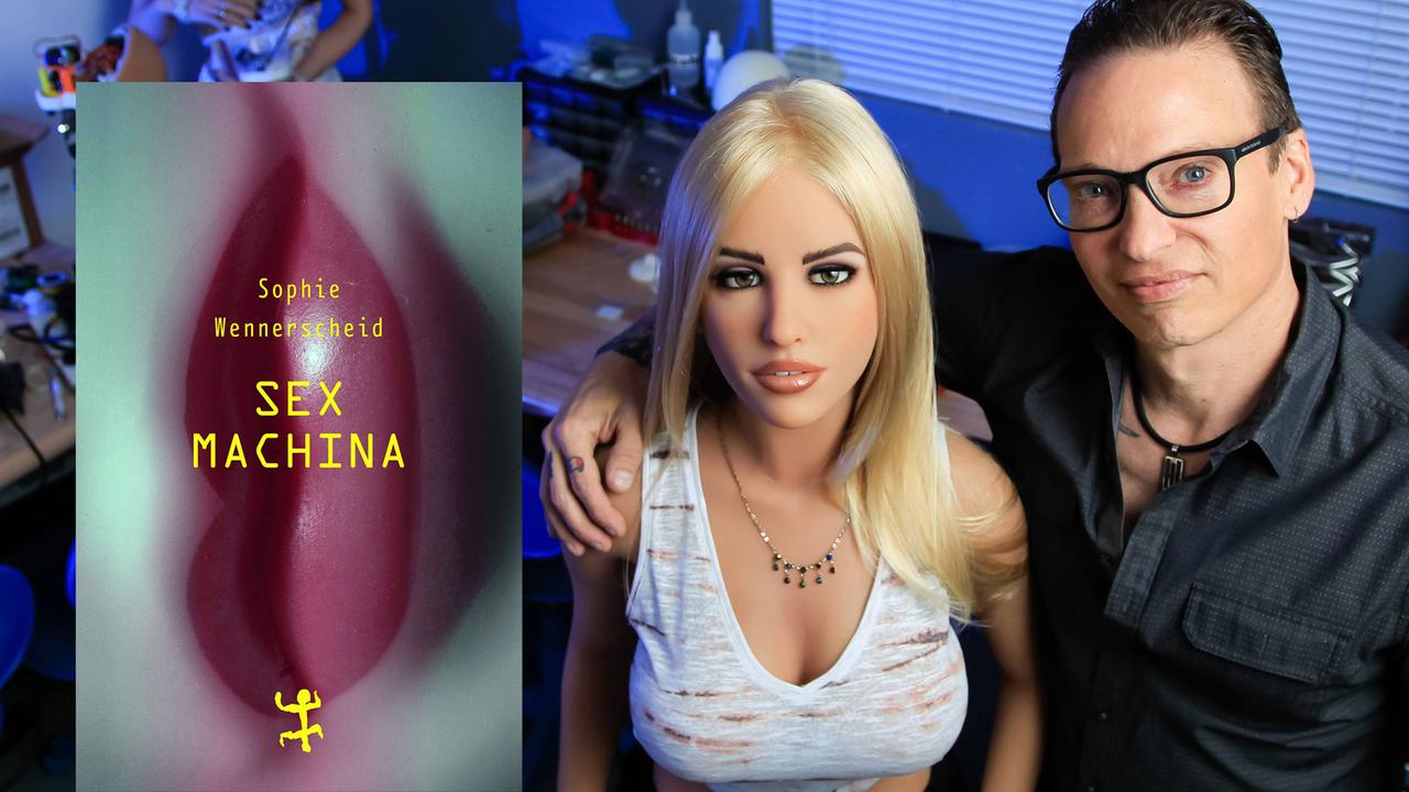 Cover von Sophie Wennerscheids Buch "Sex Machina". Im Hintergrund posiert Matt McMullen, der CEO von Realbotix mit dem Sex-Roboter "Harmony".