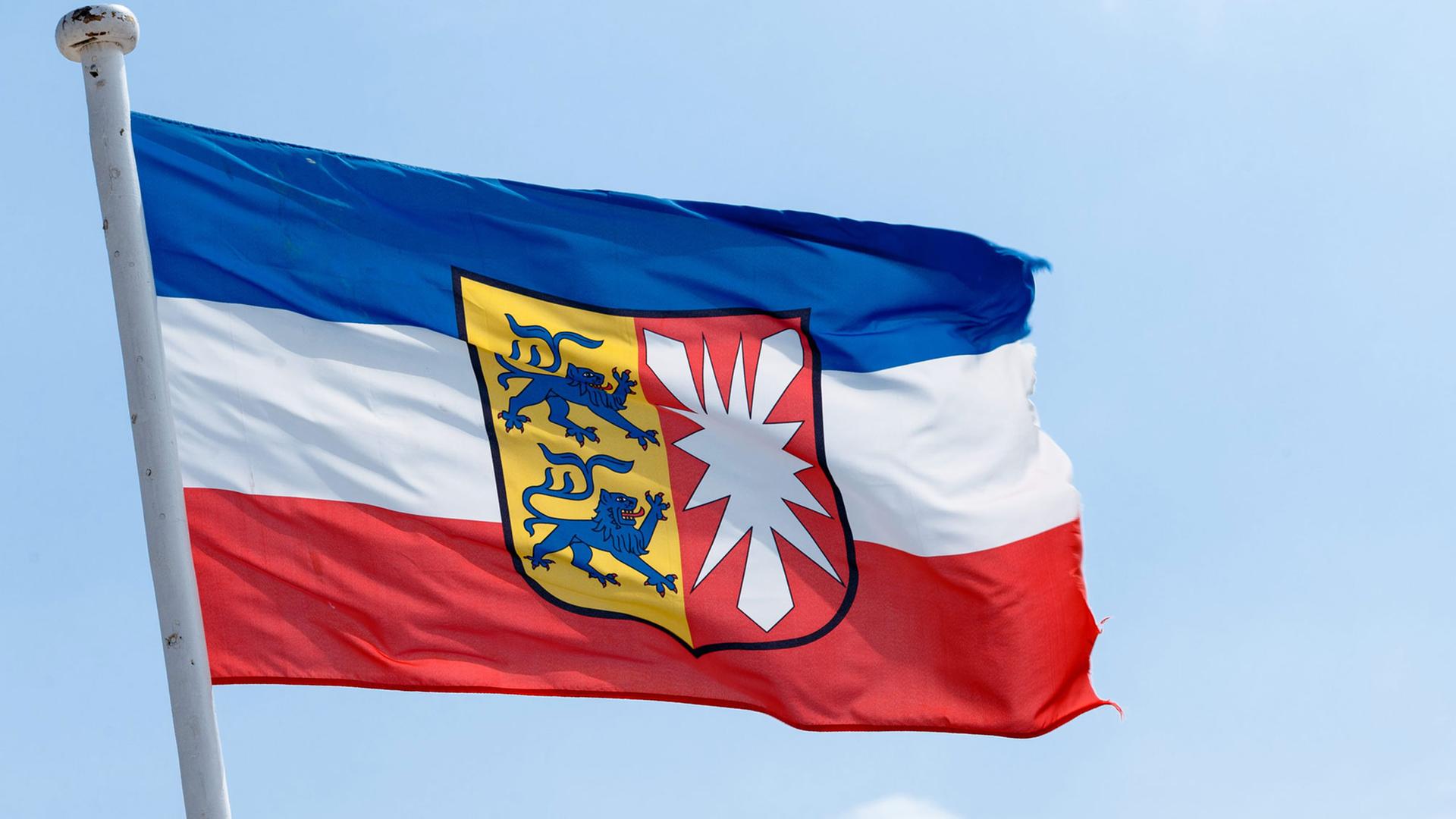 Die Landesflagge von Schleswig-Holstein mit seinem Wappen