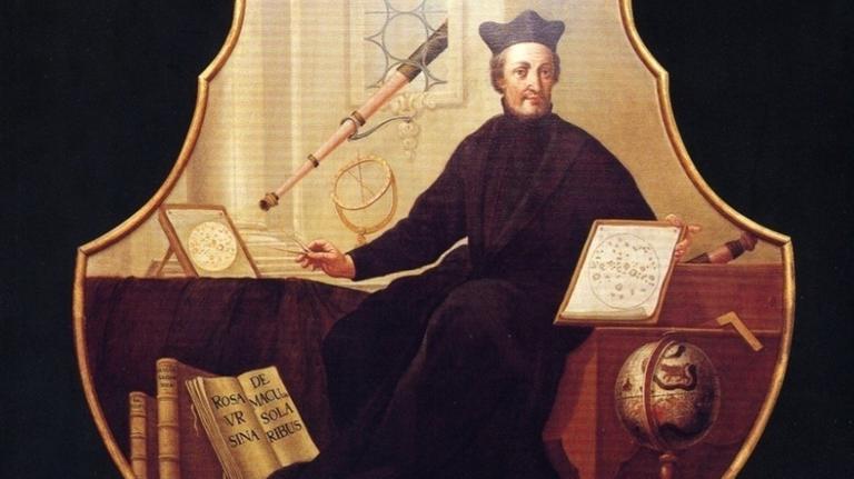 Der Astronom Christoph Scheiner (1575-1650) mit Teleskop und Sonnenfleckenzeichnung