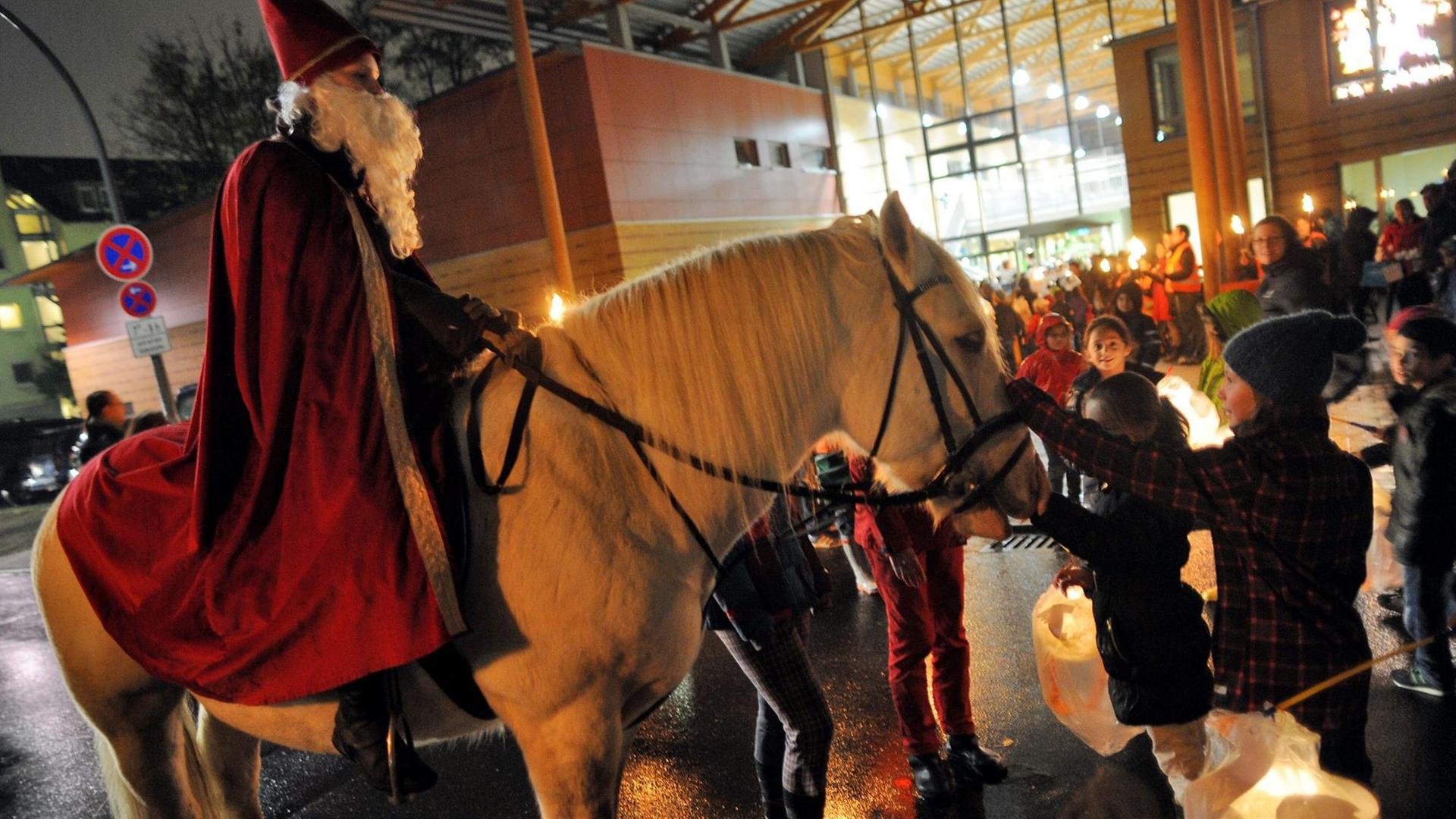 Kinder begrüßen am 07.11.2013 in Köln (Nordrhein-Westfalen) beim Martinszug der Montessori Grundschule Am Pistorhof den Darsteller des Heiligen Martin und sein Pferd. Kinder begrüßen am 07.11.2013 in Köln (Nordrhein-Westfalen) beim Martinszug der Montessori Grundschule Am Pistorhof den Darsteller des Heiligen Martin und sein Pferd.