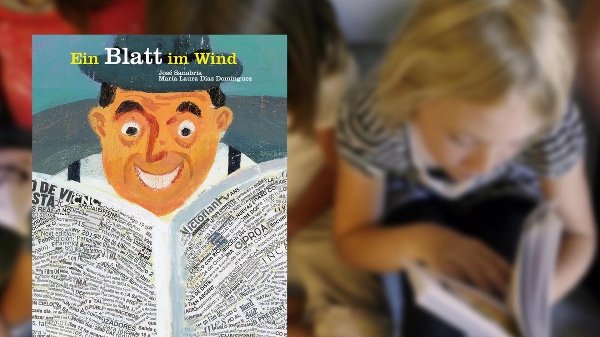 Buchcover "Ein Blatt im Wind" von José Sanabria und María Laura Díaz Domínguez, im Hintergrund lesende Kinder