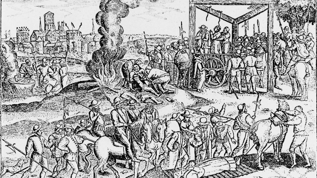Hinrichtung Reformierter in England 1553, zeitgenössische Radierung
