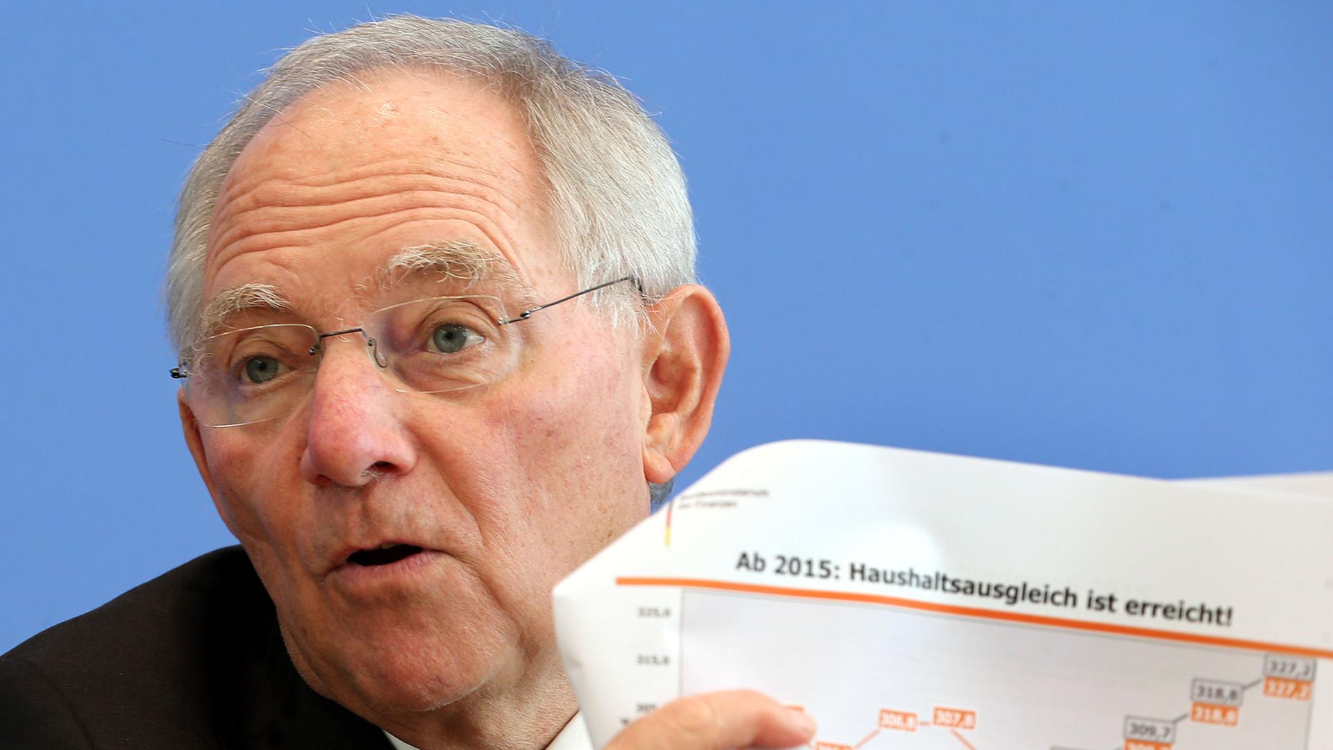 Bundesfinanzminister Wolfgang Schäuble (CDU) beantwortet vor der Bundespressekonferenz in Berlin Fragen von Journalisten und hält eine ausgedruckte Grafik mit dem Titel "Ab 2015: Haushaltsausgleich ist erreicht!" hoch.
