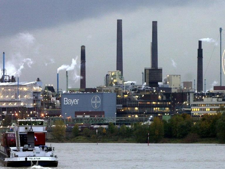 Schiffe fahren auf dem Rhein am Chemie- und Pharmakonzern Bayer in Leverkusen vorbei.