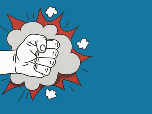 Eine Illustration zeit eine Comic-artige einschlagende Faust mit Sternen und Wolken drumherum auf blauem Hintergrund.
