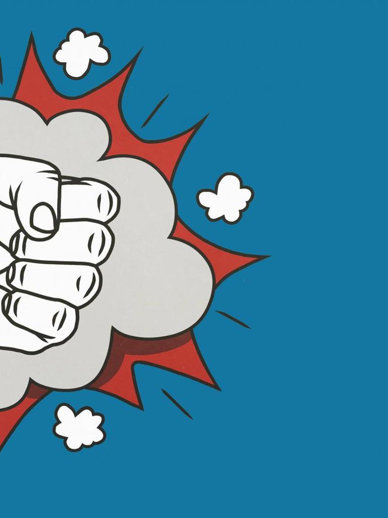 Eine Illustration zeit eine Comic-artige einschlagende Faust mit Sternen und Wolken drumherum auf blauem Hintergrund.