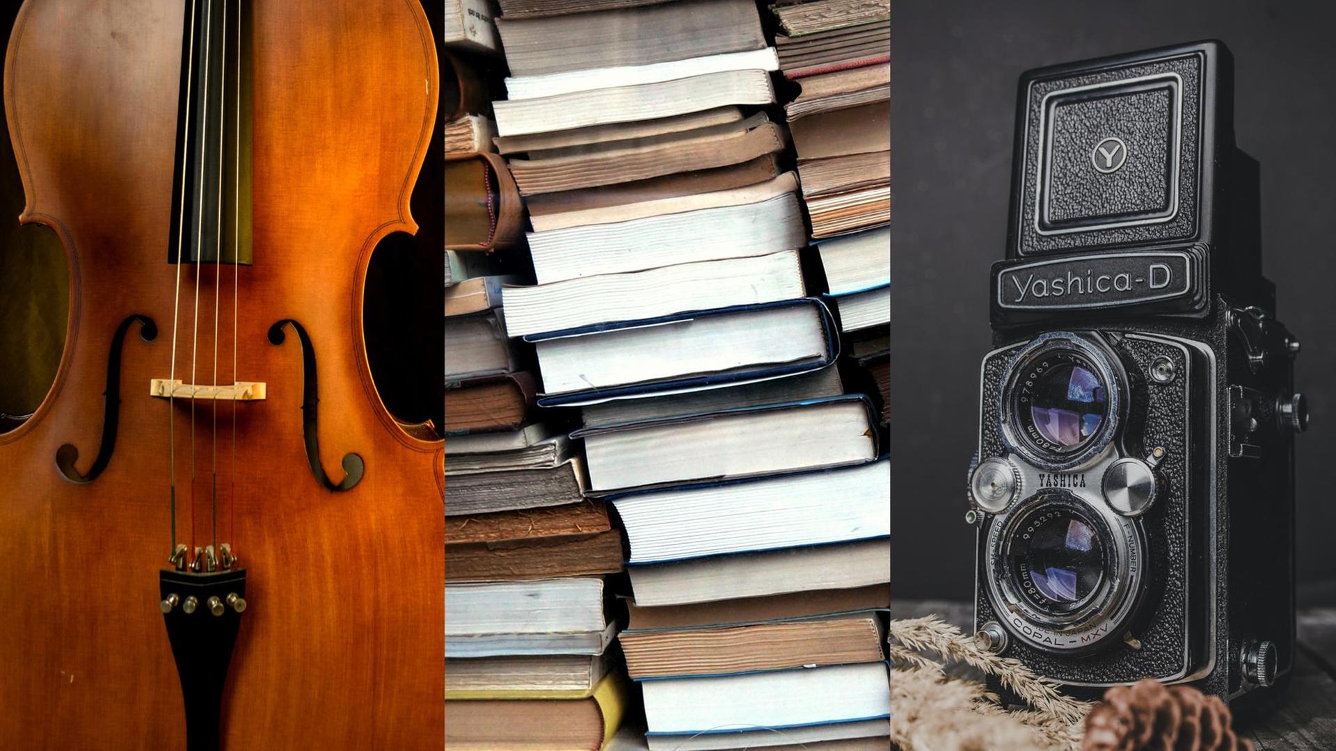 Collage: links eine Geige, in der Mitte ein Bücherstapel und rechts eine alte Fotokamera.