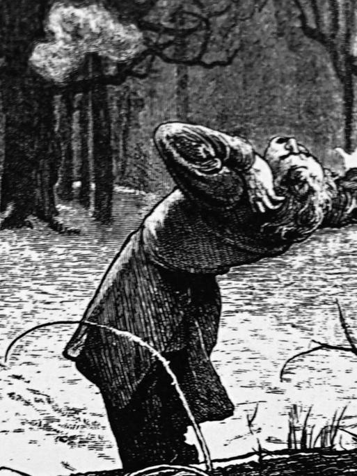 Ein Mann verwundet seinen Kontrahenten in einem Duell am Ohr. Illustration von Marcus Stone (1840-1921) aus dem 19. Jahrhundert.