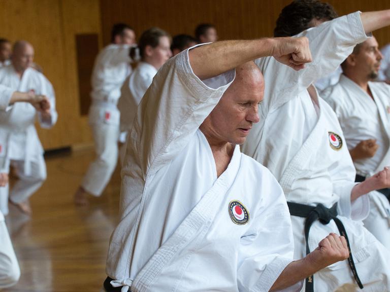Fortgeschrittene Karateka der Meisterstufe beim Training von Schlag- und Abwehr-Techniken bei einem international besuchten Lehrgang in Strausberg bei Berlin.