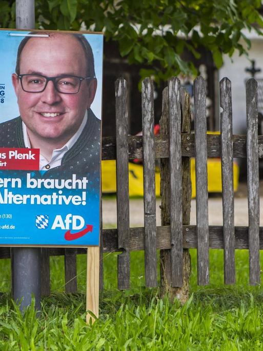 Ein Wahlplakat der AfD zur Landtagswahl in Bayern 2018 zeigt den Politiker Markus Plenk.