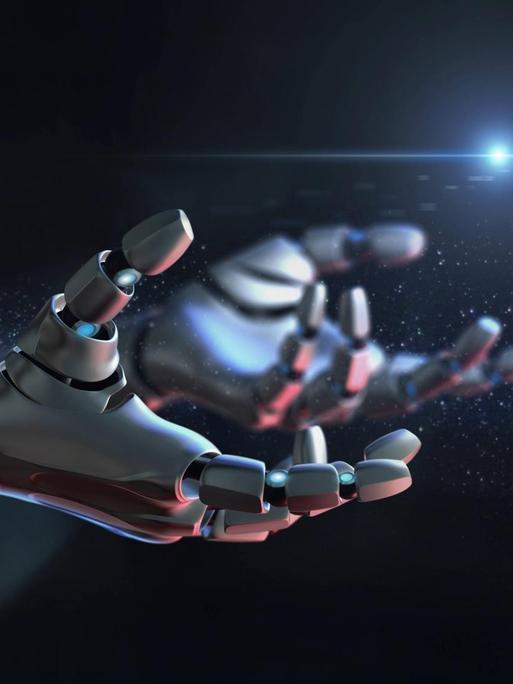 Ein Roboter streckt seine Hand aus, im Hintergrund eine Anmutung vom Universum.