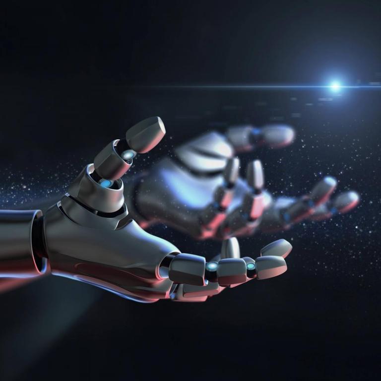 Ein Roboter streckt seine Hand aus, im Hintergrund eine Anmutung vom Universum.