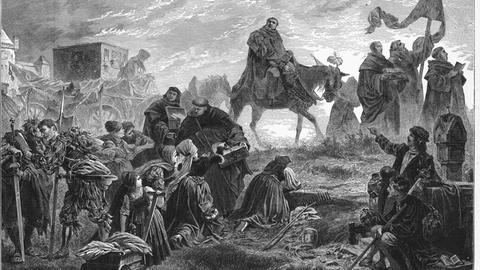Historischer Holzstich "Tetzels Ablasszug" – der Dominikanermönch Johann Tetzel (1460-1519) beim Ablasshandel