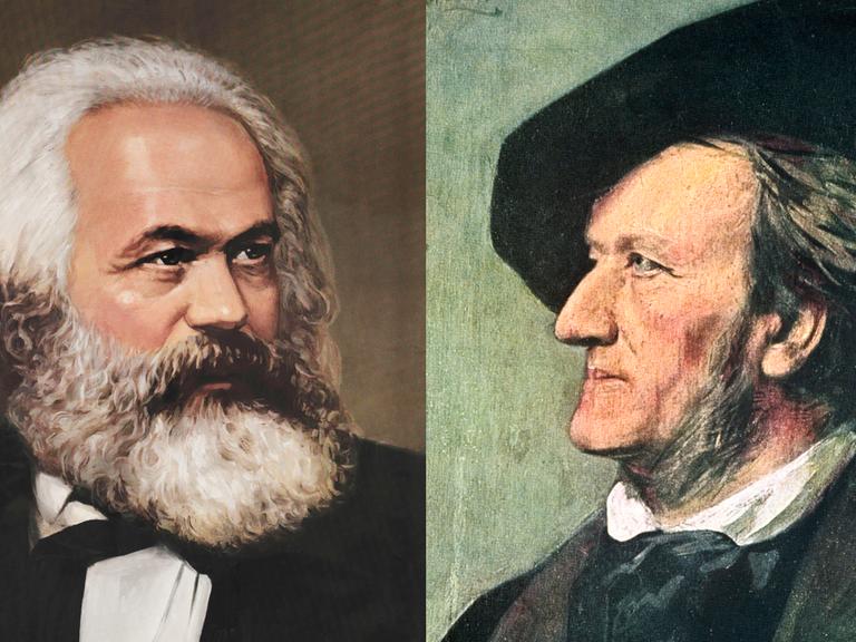Historische Porträts von Karl Marx, um 1875 und Richard Wagner, um 1882.