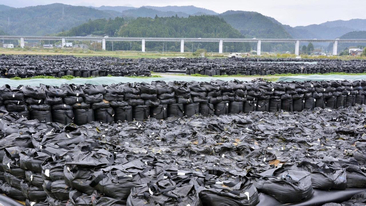 28.10.2017, Naraha in der Provinz Fukushima: Kontaminiertes Material ist in schwarzen Plastiksäcken verpackt auf einem riesigen Areal gestapelt.