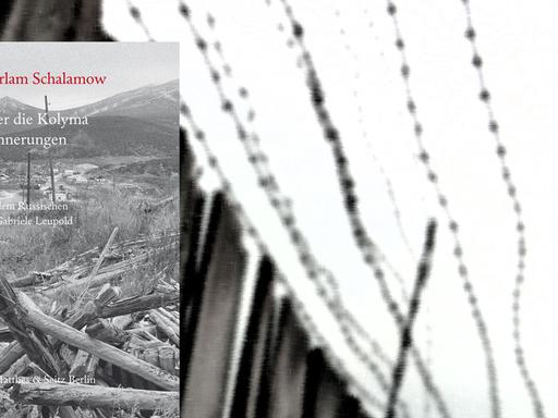 Im Vordergrund das Cover von Warlam Schalamows "Über die Kolyma", im Hintergrund ein Holzbretterzaun und Stacheldraht eines ehemaligen sowjetischen Straflagers.
