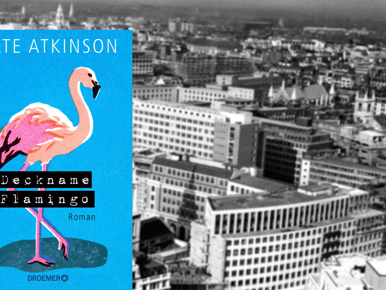Im Vordergrund ist das Cover des Krimis "Deckname Flamingo". Im Hintergrund eine schwarzweiß Aufnahme Londons aus dem Jahre 1959.