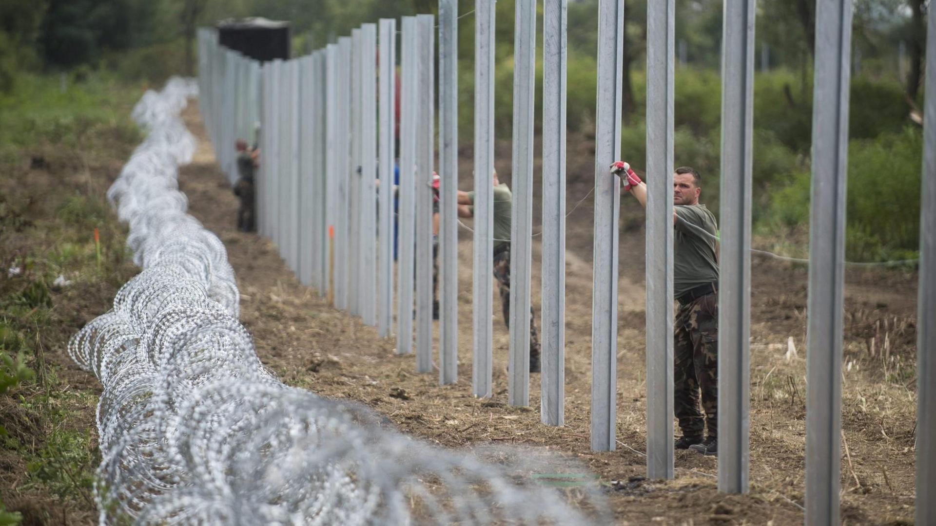 Ungarische Soldaten errichten einen temporären Zaun an der Grenze zu Kroaltien nahe Magyarboly. Aufnahme vom 24.09.2015
