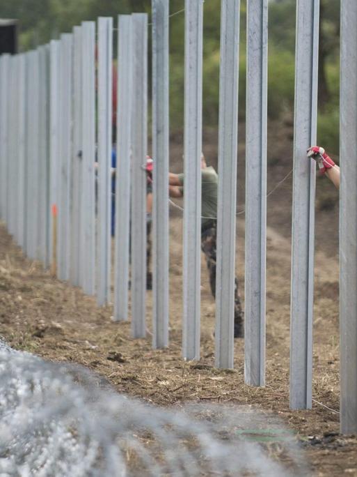 Ungarische Soldaten errichten einen temporären Zaun an der Grenze zu Kroaltien nahe Magyarboly. Aufnahme vom 24.09.2015