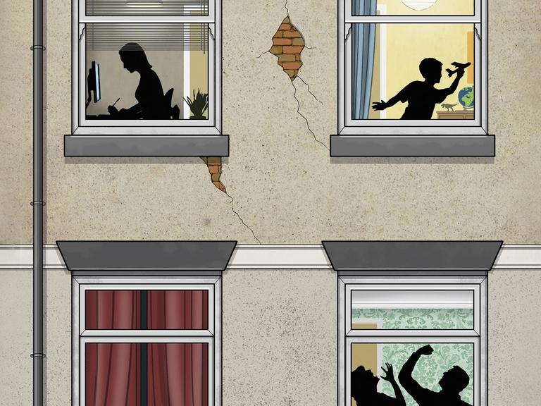 Illustration: Mann schlägt Frau hinter Fensterscheibe mit Junge und Mädchen im oberen Stockwerk.