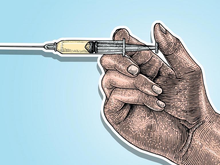 Eine Vintage Illustration einer Hand, die eine Spritze hält.