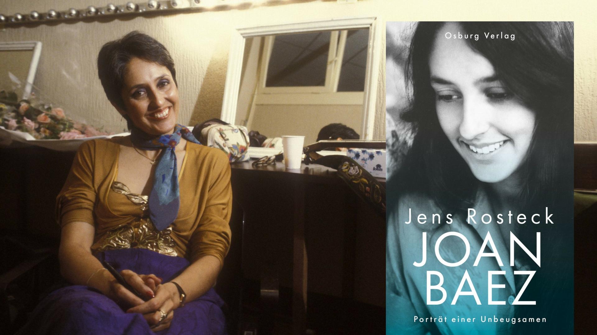 Joan Baez im Jahre 1980, daneben das Buchcover "Joan Baez. Porträt einer Unbeugsamen".