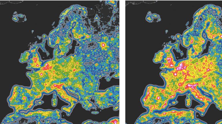 Die aktuelle Lichtverschmutzung in Europa (links) und wie sie mit weiteren LEDs zunehmen könnte (rechts)