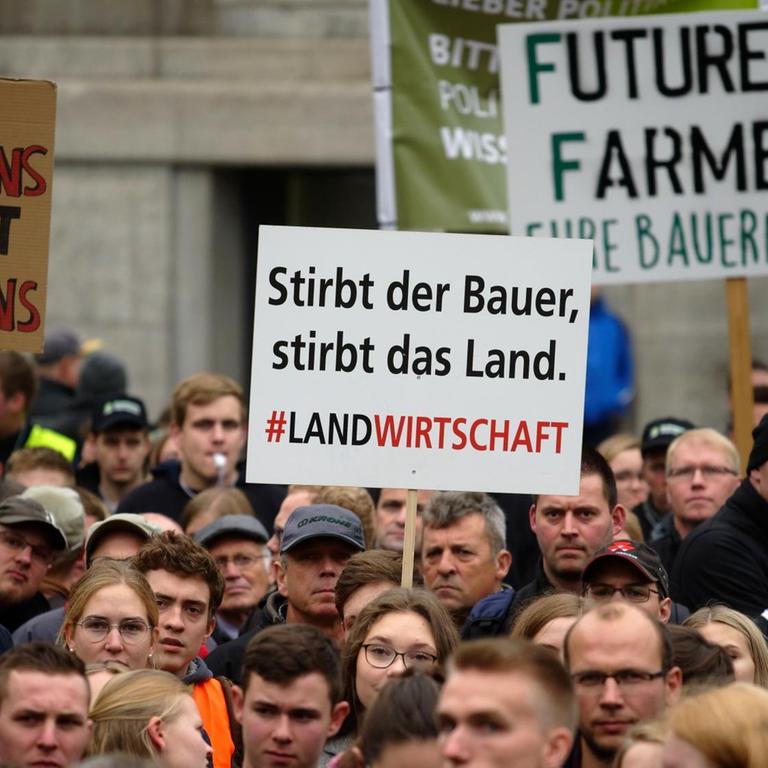 Teilnehmer halten auf dem Münsterplatz in der Bonner Innenstadt bei einer Demonstration gegen Agrarpläne der Bundesregierung Plakate hoch.