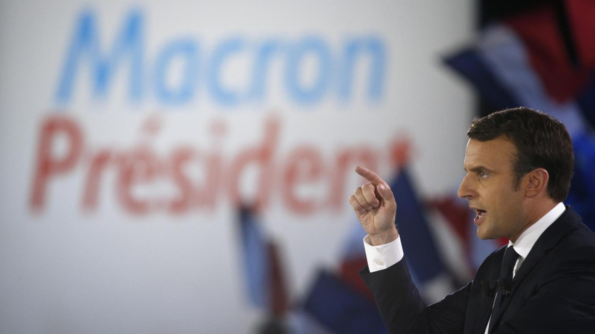 Der Präsidentschaftskandidat der Bewegung En Marche, Emmanuel Macron, bei einer Rede am 1. Mai während seines Wahlkampfs.
