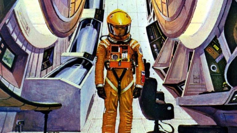 Gemalte Szene aus dem Film "2001 - Odyssee im Weltraum": Ein Mann steht im Raumanzug in einem Gravitationsraum.