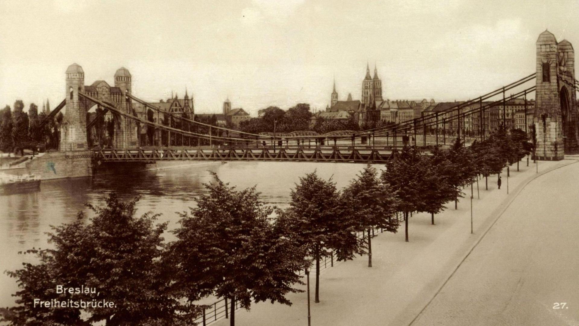 Blick auf die Freiheitsbrücke in Breslau, ca. 1930