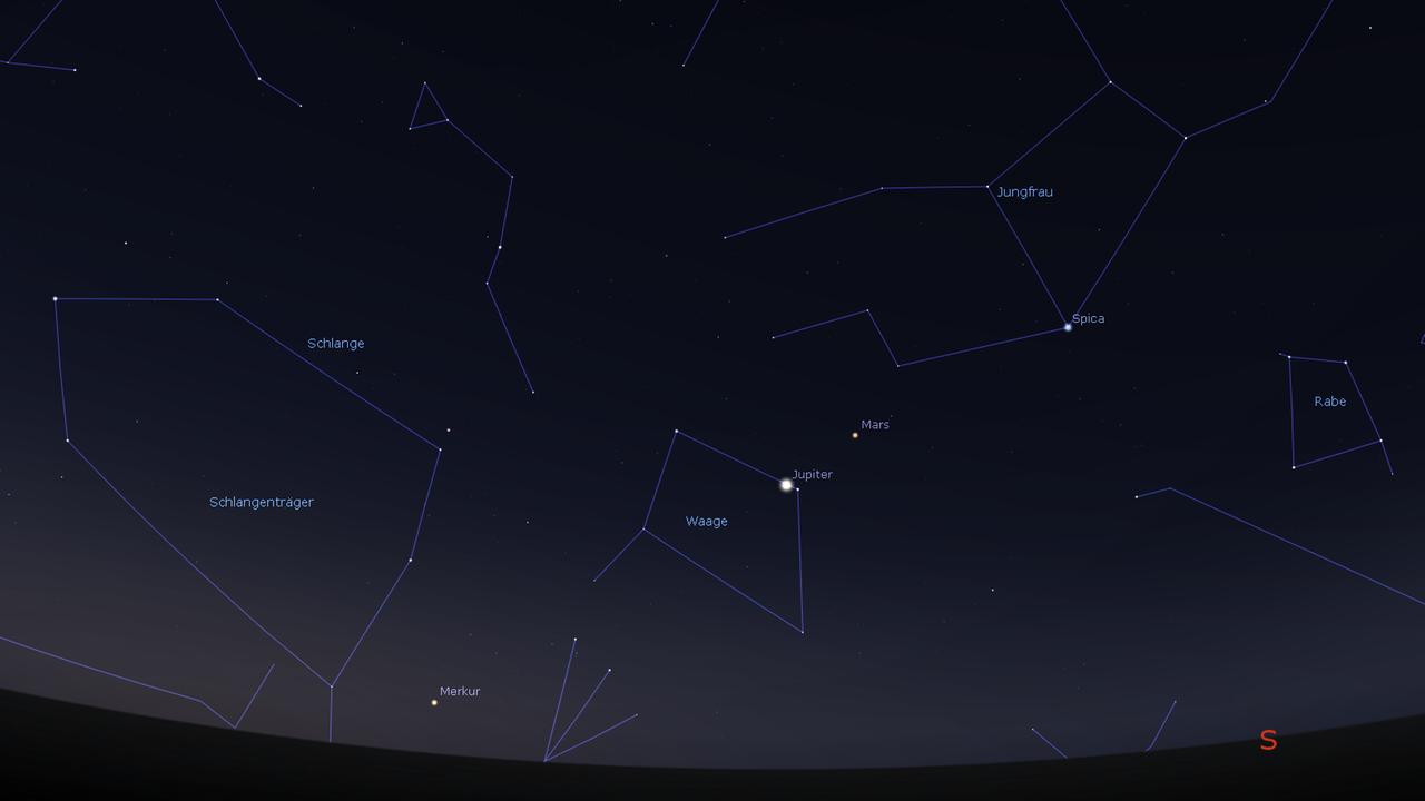 7 Uhr am Weihnachtsmorgen: Spica, Mars, Jupiter und Merkur