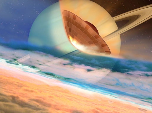Dank ihres Hitzeschildes soll Huygens den Flug durch die Titanatmosphäre überstehen. Dank ihres Hitzeschildes soll Huygens den Flug durch die Titanatmosphäre überstehen.