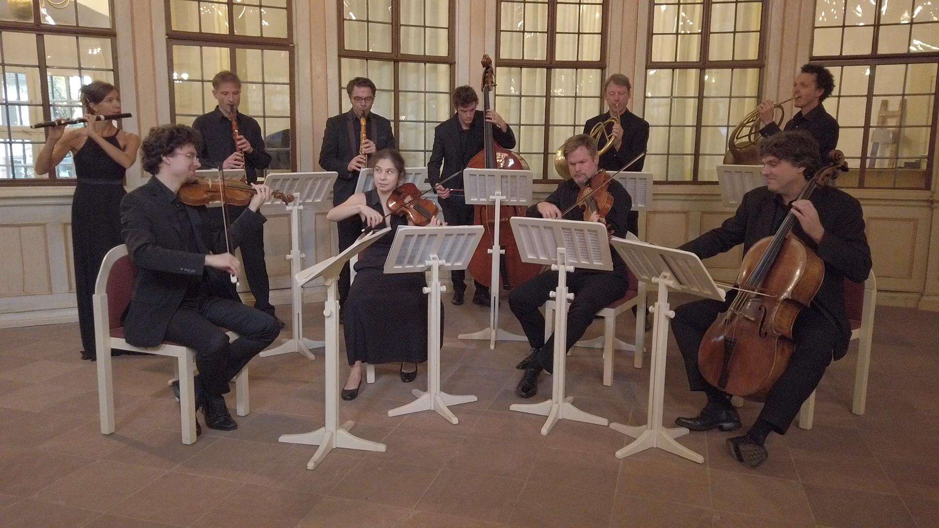 Acht Männer und zwei Frauen stehen bzw. sitzen in zwei Halbkreisen mit ihren Instrumenten vor Notenpulten in einem Saal mit historischer Verglasung.