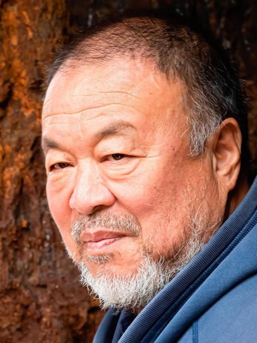 Ai Weiwei steht zwischen zwei Bäumen und blickt skeptisch in die Ferne.